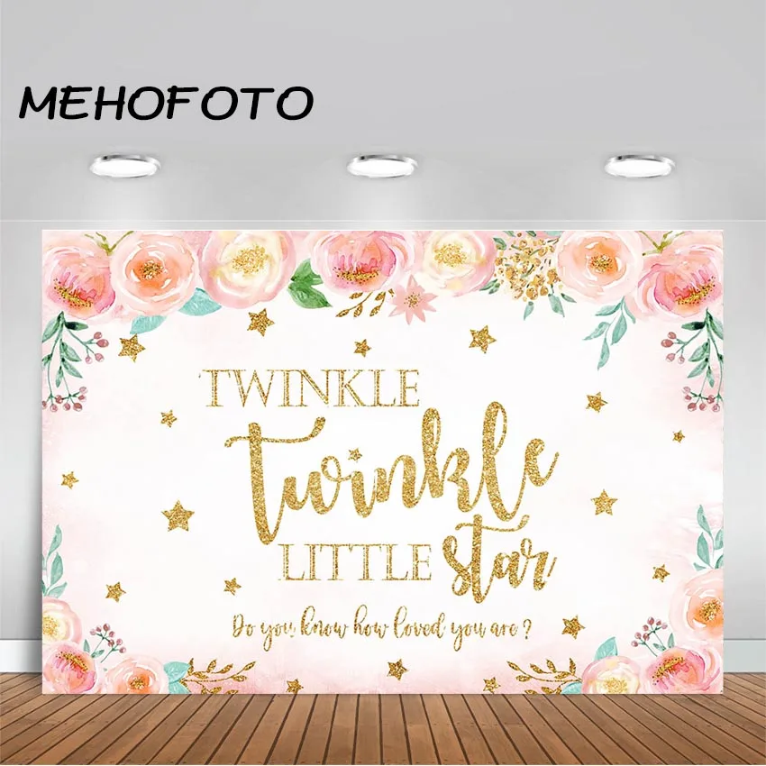 

Twinkle Twinkle Little Star Baby Shower Backdrop Watercolor Flower Gold Glitter Stars Background Birthday Photography Backdrops