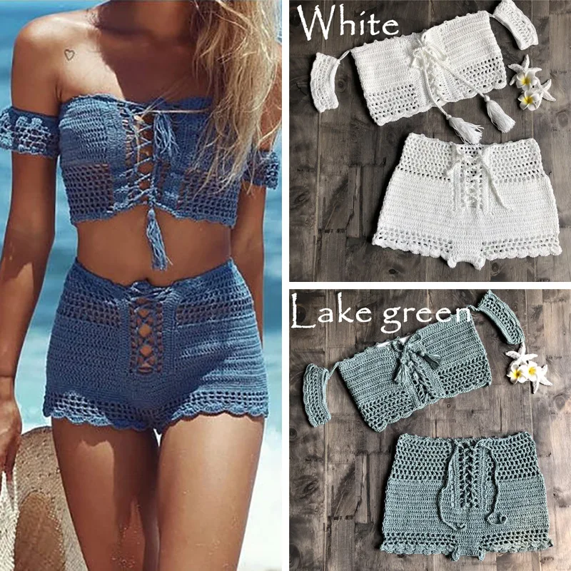 Conjunto de Bikini de playa a la moda, traje de baño de punto, estilo bohemio de ganchillo, hombros descubiertos, cepillos hechos a mano, Bikini