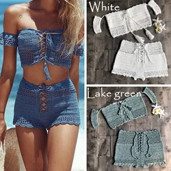 New Fashion Beach Bikini Set Knitting Swimwear Crochet Bohemia Style Off Shoulder Bath Handmade Brushes Sexy Bikini Bh