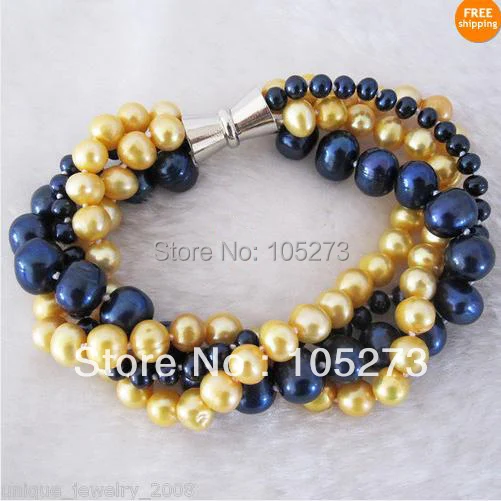 Lovely Pearl Jewelry 8inch AA 4-10MM Golden Navy Multi Color 4Row Natural Freshwater Pearl Bracelet Magnet Clasp Free Shipping