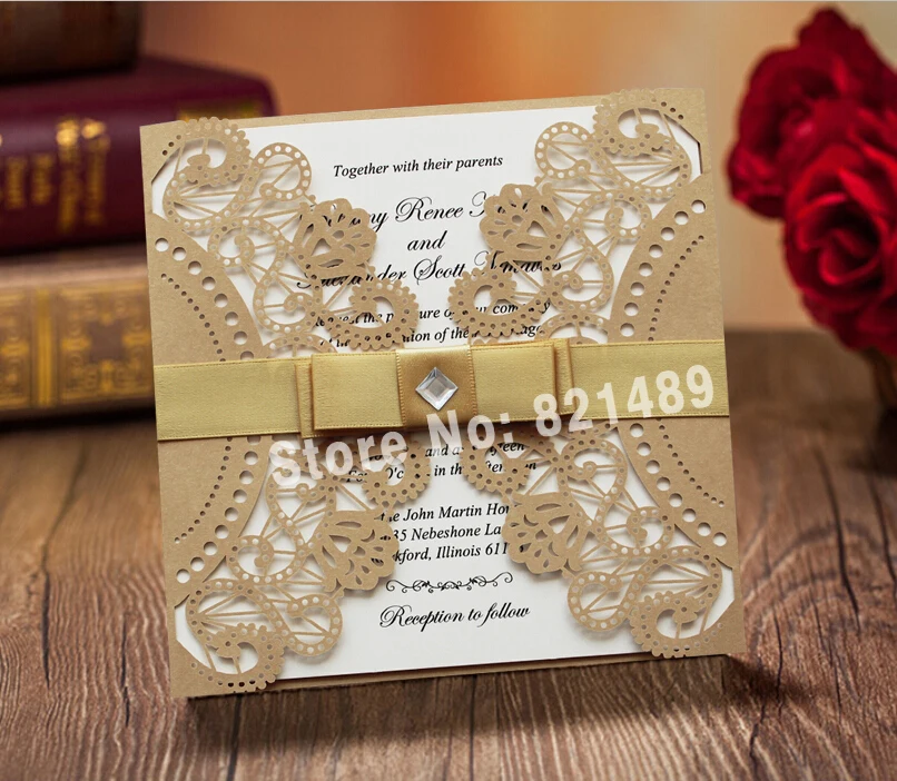 Golden and White Ribbon Wedding Invitation Cards; Royal Gold Laser Cut Wedding Invitation Cards - Set of 50