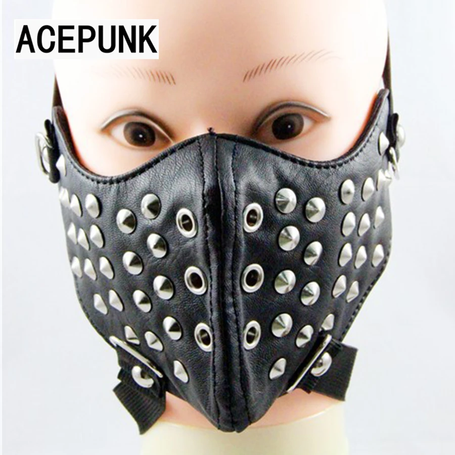 Cool Men Hip Hop Cosplay Mask Punk Accessories With Double Elastic Band Rivet Black PU Leather Face Masks Performance Show Masks