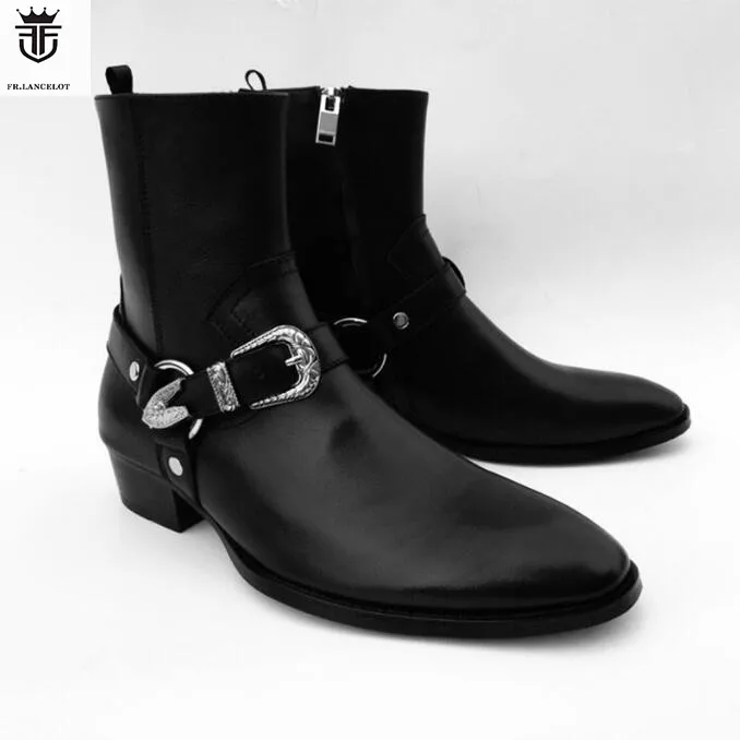 

2019 FR.LANCELO Black Soft Genuine Leather Metal Buckle Cross Men Boots Chelsea Boots Flats Zipper Shoes Mens Zapatillas