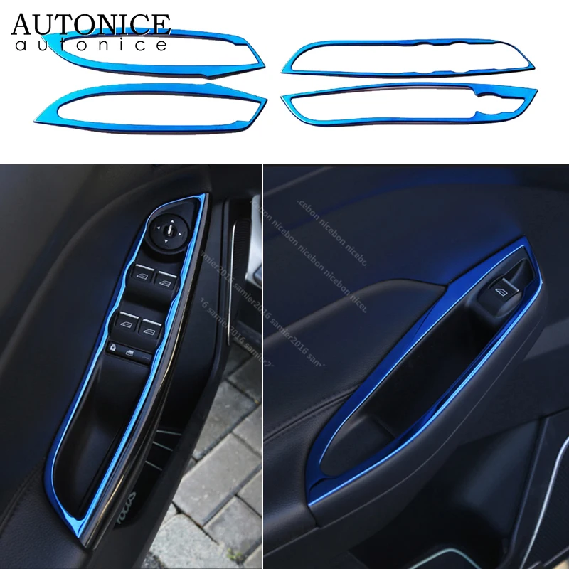 For Ford Focus RS ST MK3 2012-2018 4pcs Carbon fiber color Door Window Lift Button Panel armrest Cover steel LHD LEFT HAND SIDE