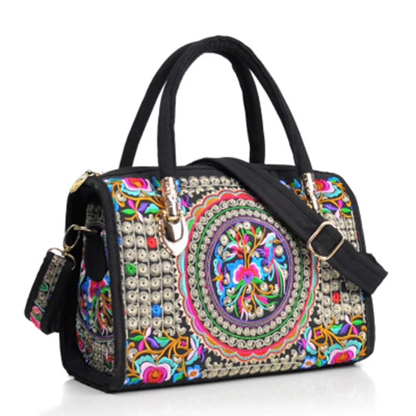 Retro ethnic embroidery flower portable slung dual-use drum bag canvas embroidery flower cloth bag travel shoulder portable hand