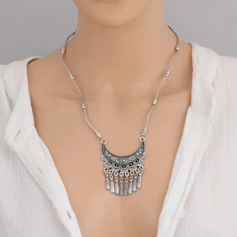 Aihua Vintage Böhmische Quasten-Halsketten und Anhänger für Frauen, Schmuck, große Aussage, geschnitzte Blume, geometrisches Muster, Bijuterias – Detail 11