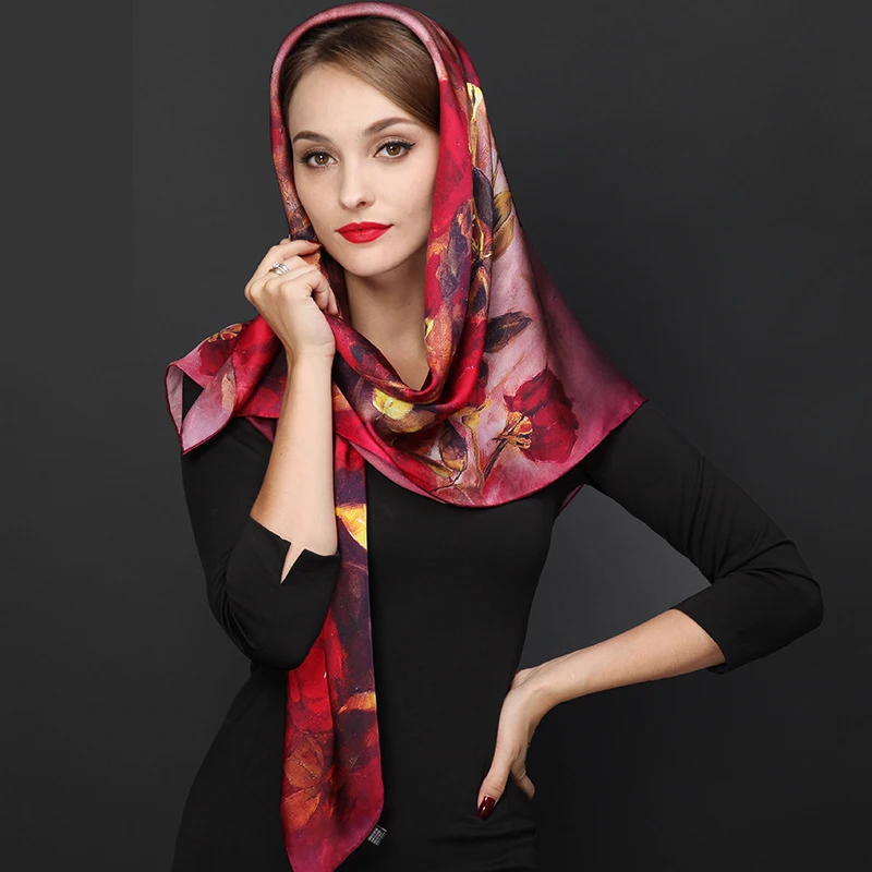 DANKEYISI 110*110cm 100% Silk Big Square Silk Scarves Fashion Floral Printed Shawl Sale Women Genuine Natural Silk Scarf Shawl