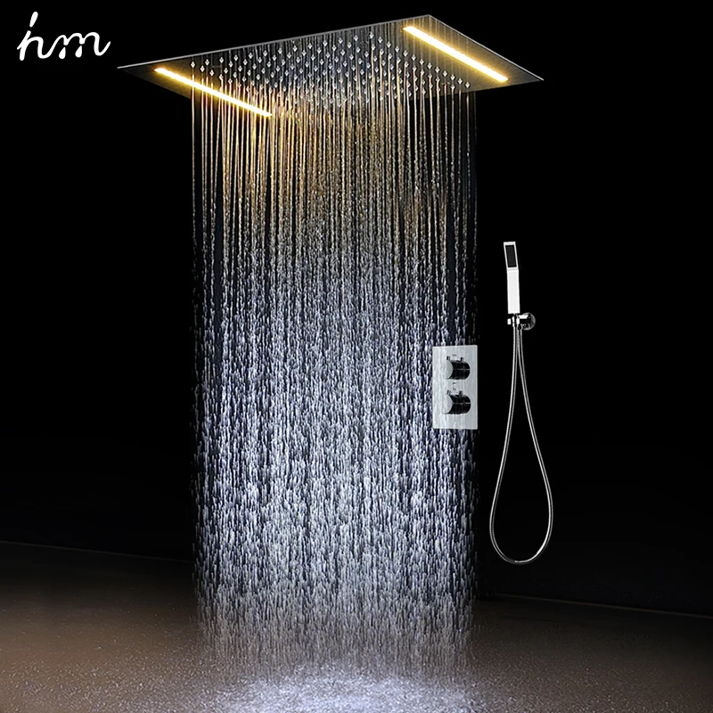 hm 2 Ways Luxury Ceiling Mounted Led Shower Set Thermostatic Mixer Bathroom Rainfall ShowerHead 360*500mm Color  Faucets System