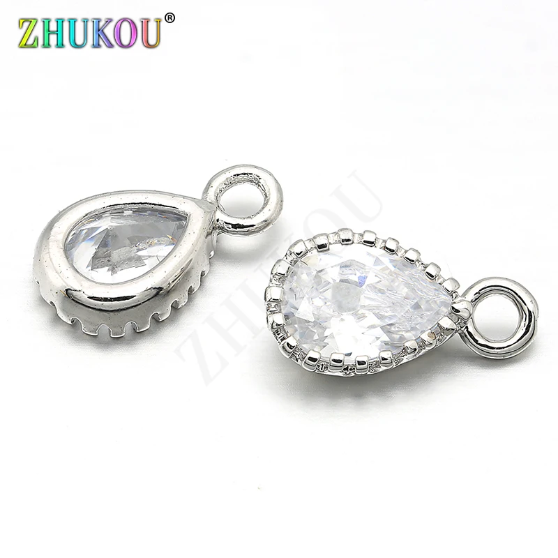 6*11mm Brass Cubic Zirconia Water Drop Charms Pendants Links, Hole: 1.5mm, Model: VD251