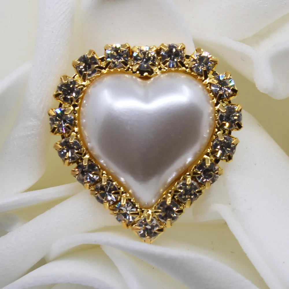 New 10pc 21*23mm Gold Base Pearl Buttons Rhinestone Heart Metal Wedding Invitations Decorate DIY Hair Flower Center Scrapbooking