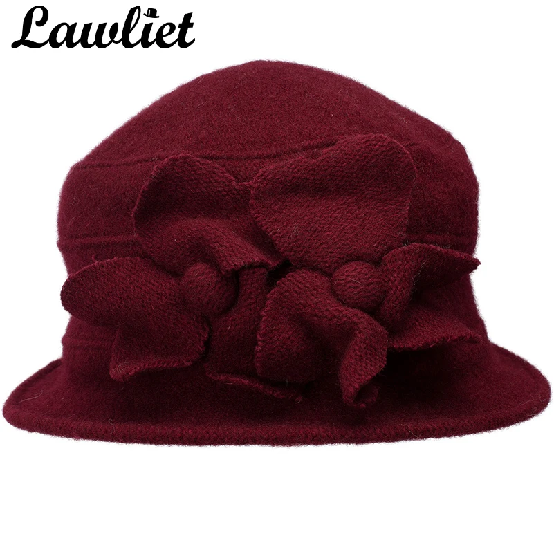 Lawliet Women Winter Hats Solid Flowers Warm Pure Wool  Cap Ladies Women Fedoras Cloche Hats Ladies Bucket Church Hats A218