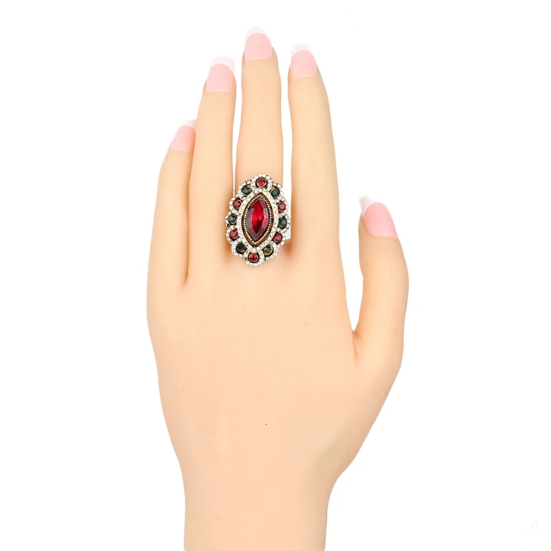 Luxury Vintage Jewelry Red Glass Rings For Women  Antique Gold Color Tibet Alloy India Eye Ring Crystal Gifts