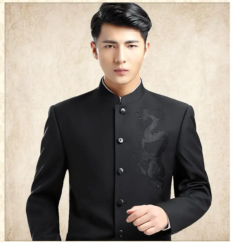 Chinese Stand collar Zhongshan suits Jacket + Pants men's embroidered dragon totem clothing fashionable version slim youth Suits