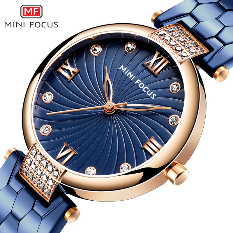 MINI FOCUS Women\'s Luxury Blue Watches Stainless Steel Bracelet Strap Waterproof Quartz Wristwatch Lady Woman Relogios 0186L