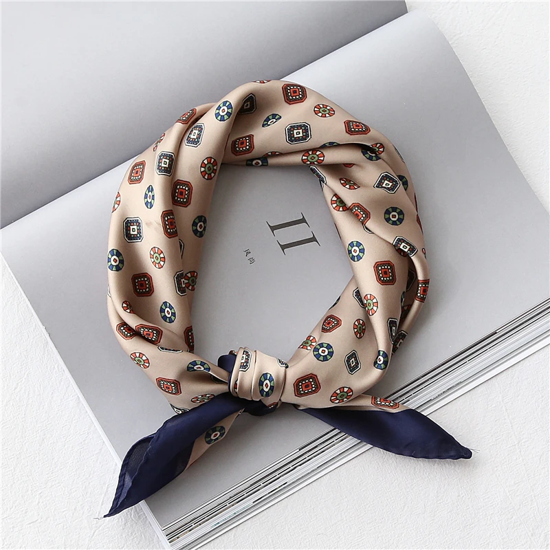 HOT Choice Imitation Silk Small Square Scarf For Women Retro Print Ladies Neckerchief Satin Kerchief Crinkle Scarf  Tie Bandana