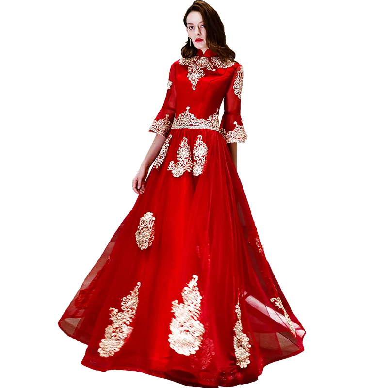 

Beauty Emily Red New Lace Evening Dresses 2019 High Aline Formal Party Prom Dresses Floor-length Court Train Evening Gown