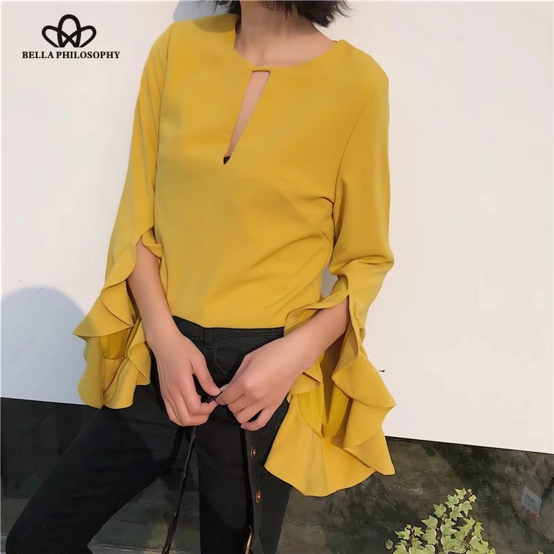 Bella Philosophy spring women long flare sleeve shirt casual yellow solid female blouse ruffles fashion V Neck women blouse