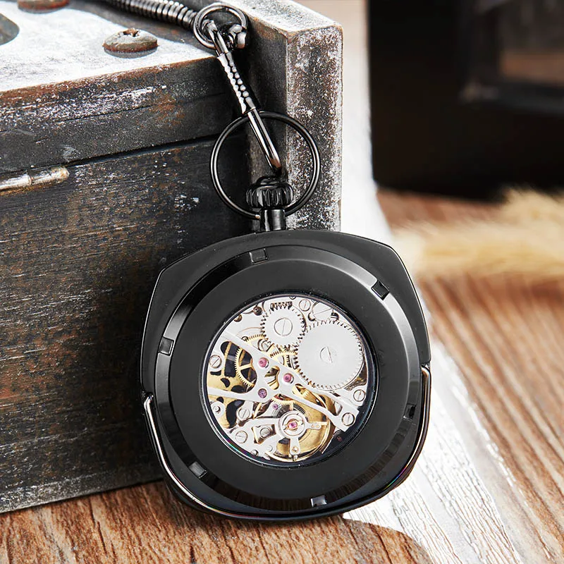 Antique Black Mechanical Pocket Watch Men Women Roman Numerals Dial Clock Luxury Golden Skeleton FOB Chain Watches Drop Ship
