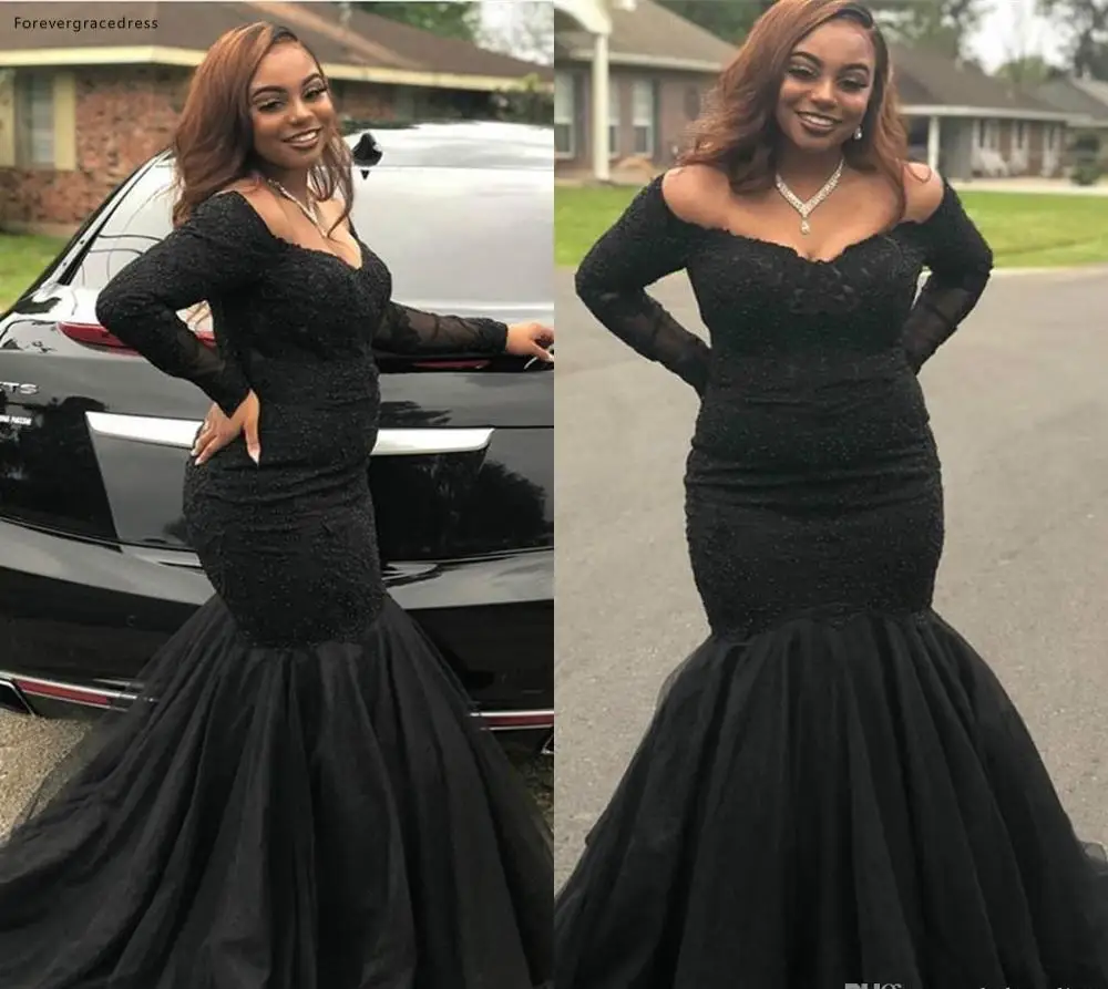 African Black Girls Prom Dress Mermaid Long Sleeves Formal Pageant Holidays Wear Graduation Evening Party Gown Plus Size