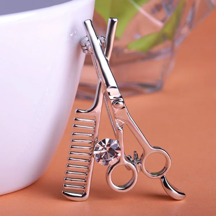 Unisex Creative Brooch scissors comb rhinestone crystal breastpin clothing accessories