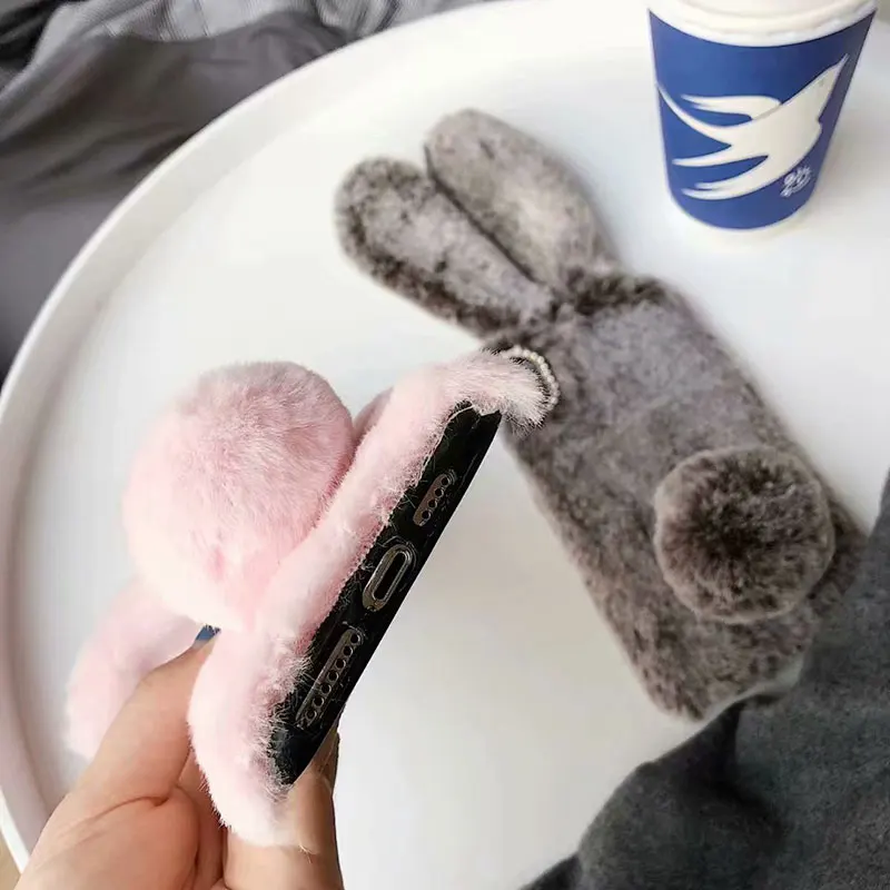 For iPhone 14 13 12 11 Pro XS Max X XR 12Mini Rabbit Ears Furry fluffy Fur Plush Warm Cover for iPhone 6 6S 7 8 Plus Phone Case