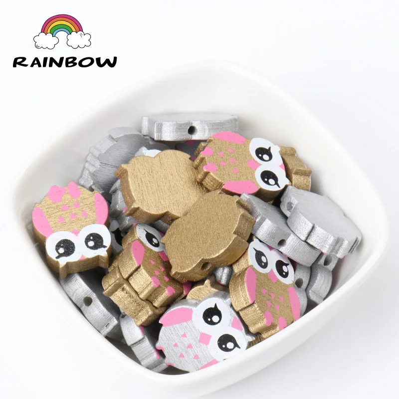 Gold Silver Owl Pattern lovely Bird Shape Wooden Material Spacer Beads For Children Jewelry making DIY 50pcs 21x17mm