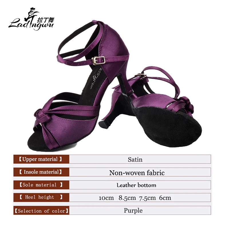 Ladingwu-zapatos de baile latino con nudo de cinta morada para mujer, zapatos de baile de salón de fondo suave, satén