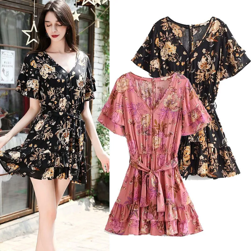 YSMILE Y Women Sexy Chiffon Print Dress Personality Comfortable Slim Tie Up V-Neck Dress Casual Daily Pub High Quality Dress HY