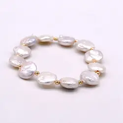 Simple Ladies Bracelet White Natural Freshwater Pearl Disc Baroque Pearl Stretch Rope Bracelet Fashion Jewelry