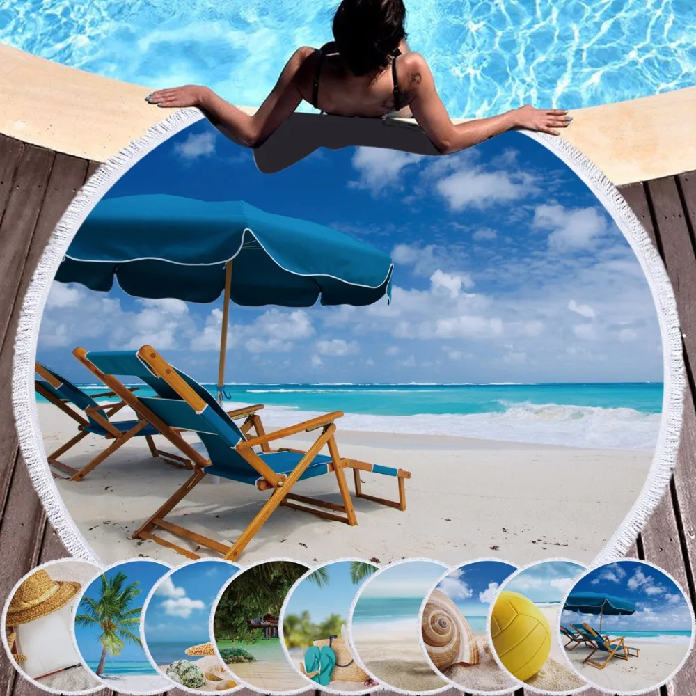 Summer Beach scenery Printed 150cm Large Microfiber Round Towel Beach bath towel With Tassels Terry Serviette De Plage