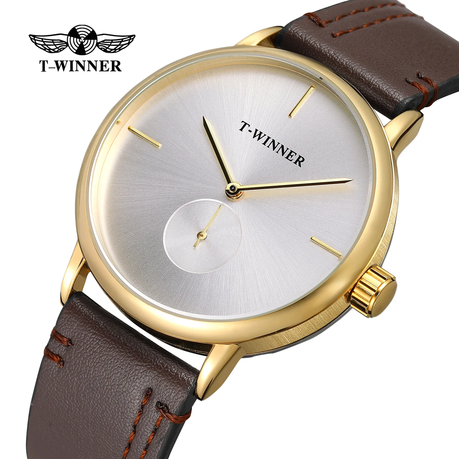 Fashion T-winner Top Brand Men Mechanical Watches Genuine Leather Strap Luxury Business Men\'s Black Case Dress Relogio Masculino