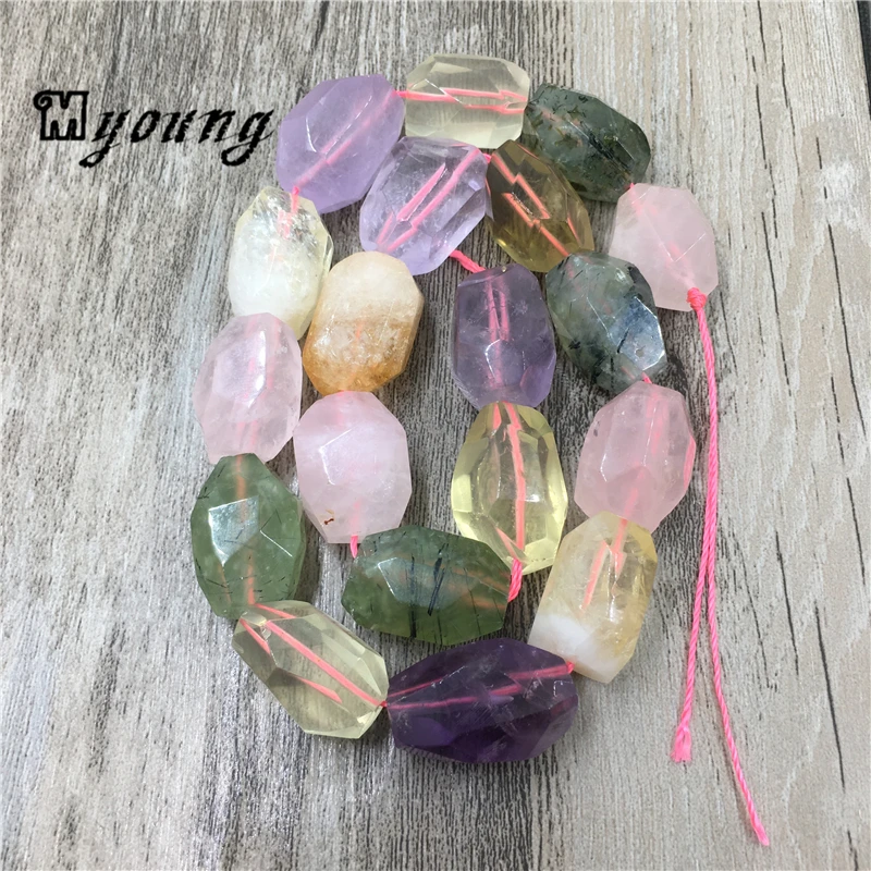 Mix Color Faceted Purple Amethysts Roses Quartz Green Prehnites Yellow Crystal Cut Nugget Loose Stone Drilled Beads MY1515