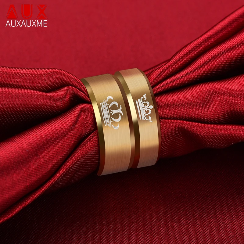 Auxauxme-anillo de acero inoxidable con forma de corona para pareja, sortija de compromiso con diseño de su Rey, su Reina, banda de boda, joyería de aniversario para amante, Color dorado