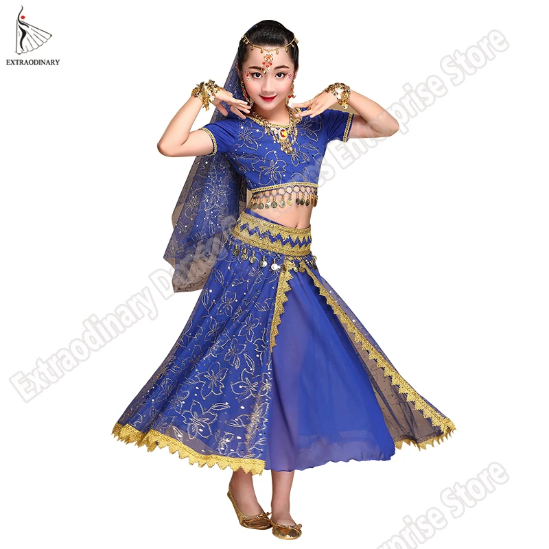 Belly Dance Costume Children Bollywood Dance Costumes Set Indian Bollywood Kids Dresses 5pcs (Headpieces Veil Top Belt Skirt)