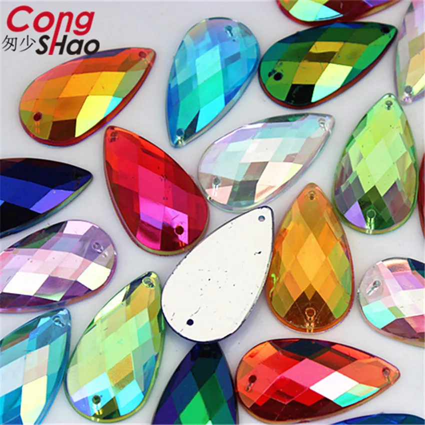 Cong Shao 50pcs 16*30mm AB Color Drop Acrylic rhinestone stones crystals flatback sewing 2 Hole DIY Wedding Dress Button CS421