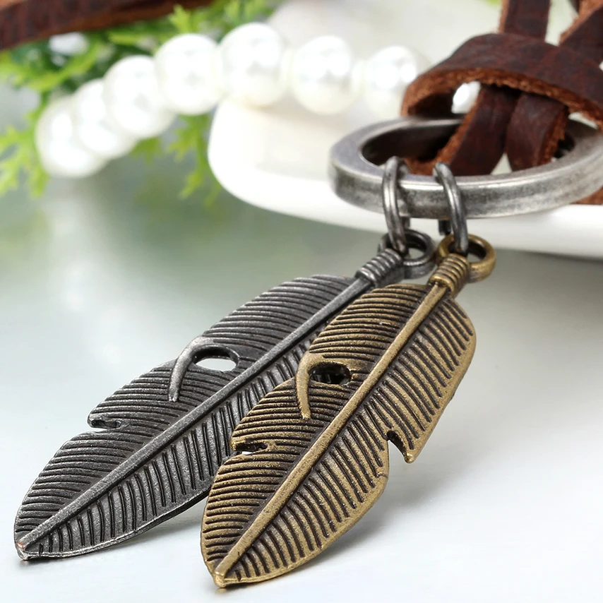 BONISKISS New Trendy Antique Bronze Angel Feather Leather Cord Mens Necklace Chain, Gold Silver Color  Brown Cool Gift