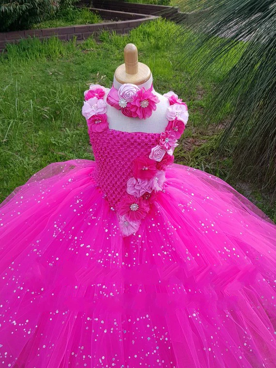 POSH DREAM Hot Pink Flower Girl Tutu Dress Wedding Dress Glittery V- Shaped Tutu Dress Junior Bridesmaid Dress for Children