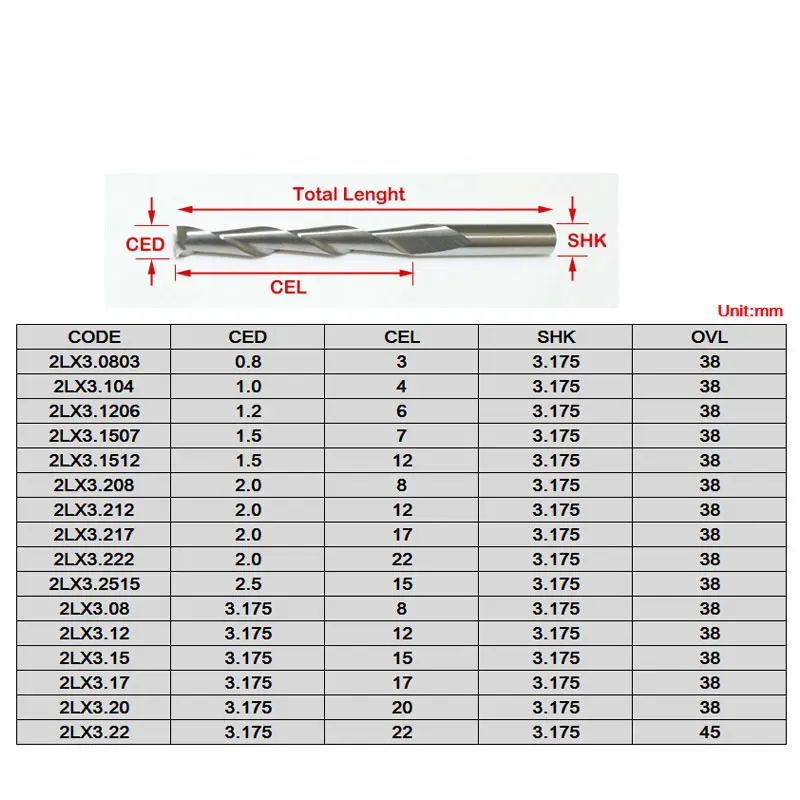 HUHAO 3.175 SHK Carbide CNC Router Bits Two Flutes Spiral End Mills Double Flutes Milling Cutter Spiral PVC Cutter