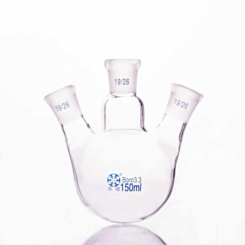 

Three-necked flask oblique shape,with three necks standard grinding mouth,Capacity 150ml,Middle joint 19/26,lateral joint 19/26