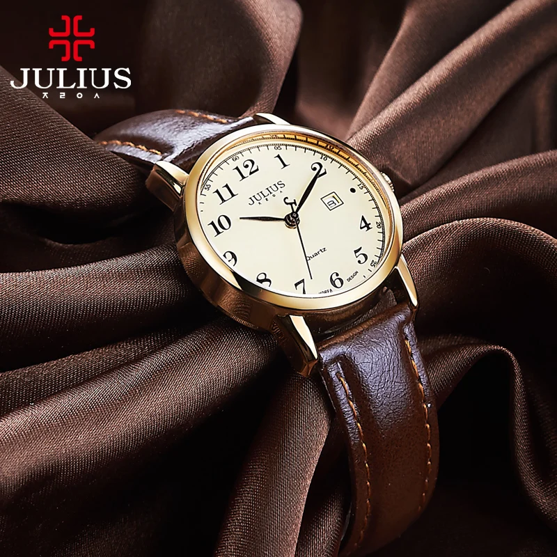 Top Julius Women\'s Watch Japan Quartz Hours Auto Date Fine Fashion Woman Clock Real Leather Strap Girl\'s Retro Birthday Gift Box