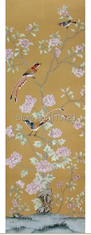 Customized Hand-painted silk wallpaper painting peony flower with birds hand painted TV/Bedroom/living room/dinning wall paper