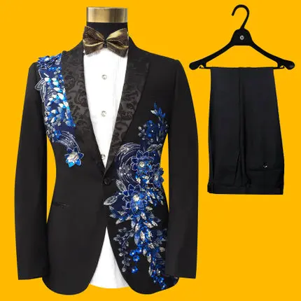 Free ship mens blue/red/silver sequined embroidery black tuxedo suit/stage performance/stuido/dance