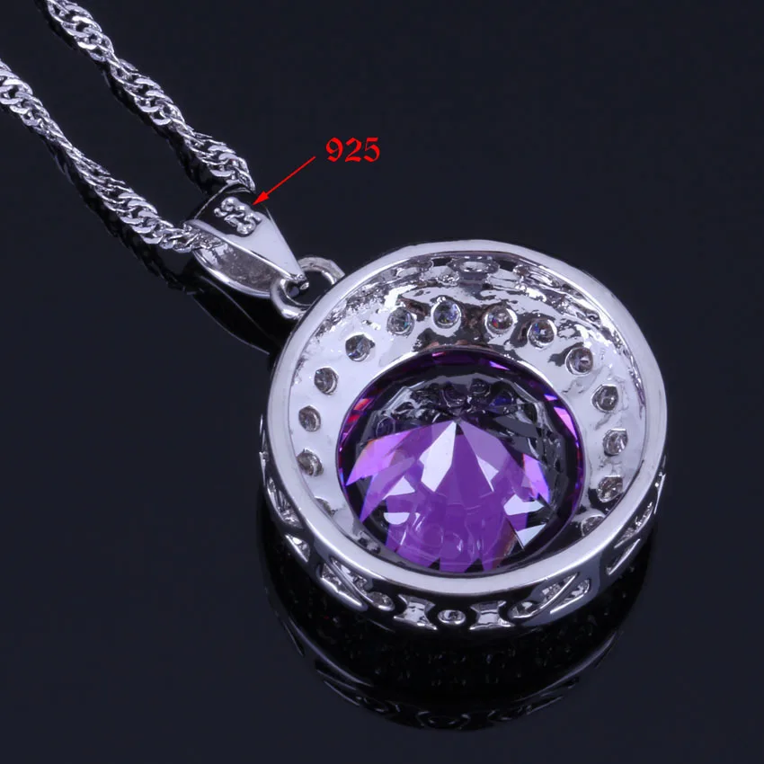 Very Good Round Purple Cubic Zirconia White CZ Silver Plated Jewelry Sets Earrings Pendant Chain Ring V0991