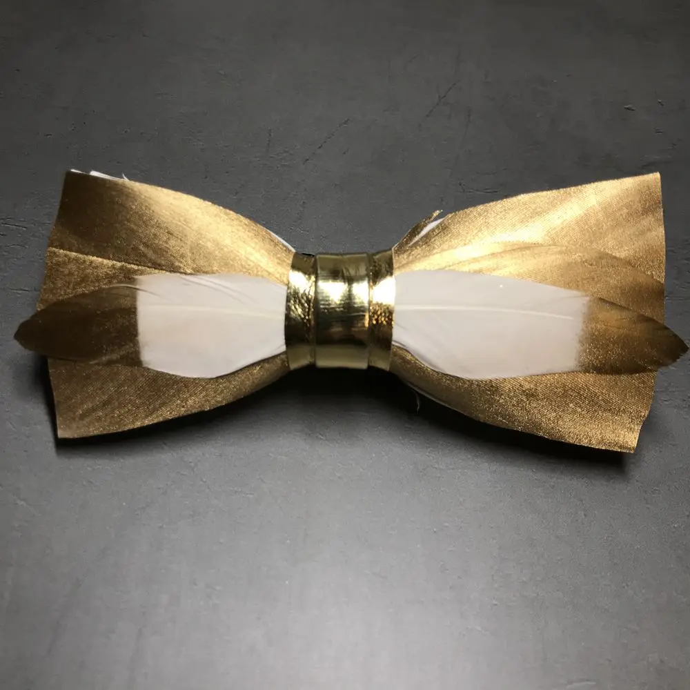 

New Free Shipping fashion casual Men's male Golden natural feather stitching leather bow tie set groom wedding banquet host