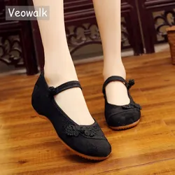 Veowalk Chinese Knot Women Cotton Fabric Embroidered Ballet Flats Retro Ladies Casual Traditional Old Beijing Shoes Solid Color