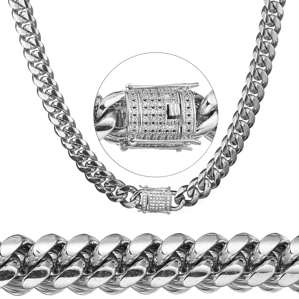 

8/10mm Cuban Necklace Man Silver Color Solid Stainless Steel Chain Double Buckle Design Best Gift Punk Hip-Hop Boys Accessories