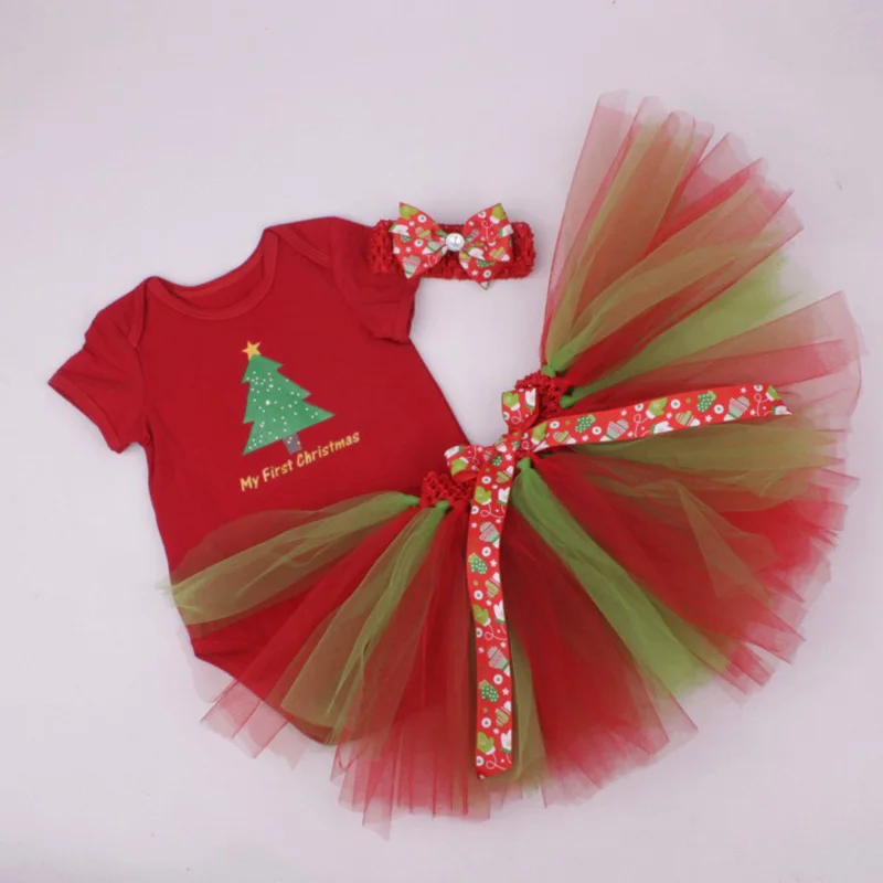 Christmas Baby Girl 3pcs Clothing Sets Infant Cotton Romper+Tulle Skirt+Headband 3pcs Outfits Costumes Birthday Santa Vestidos