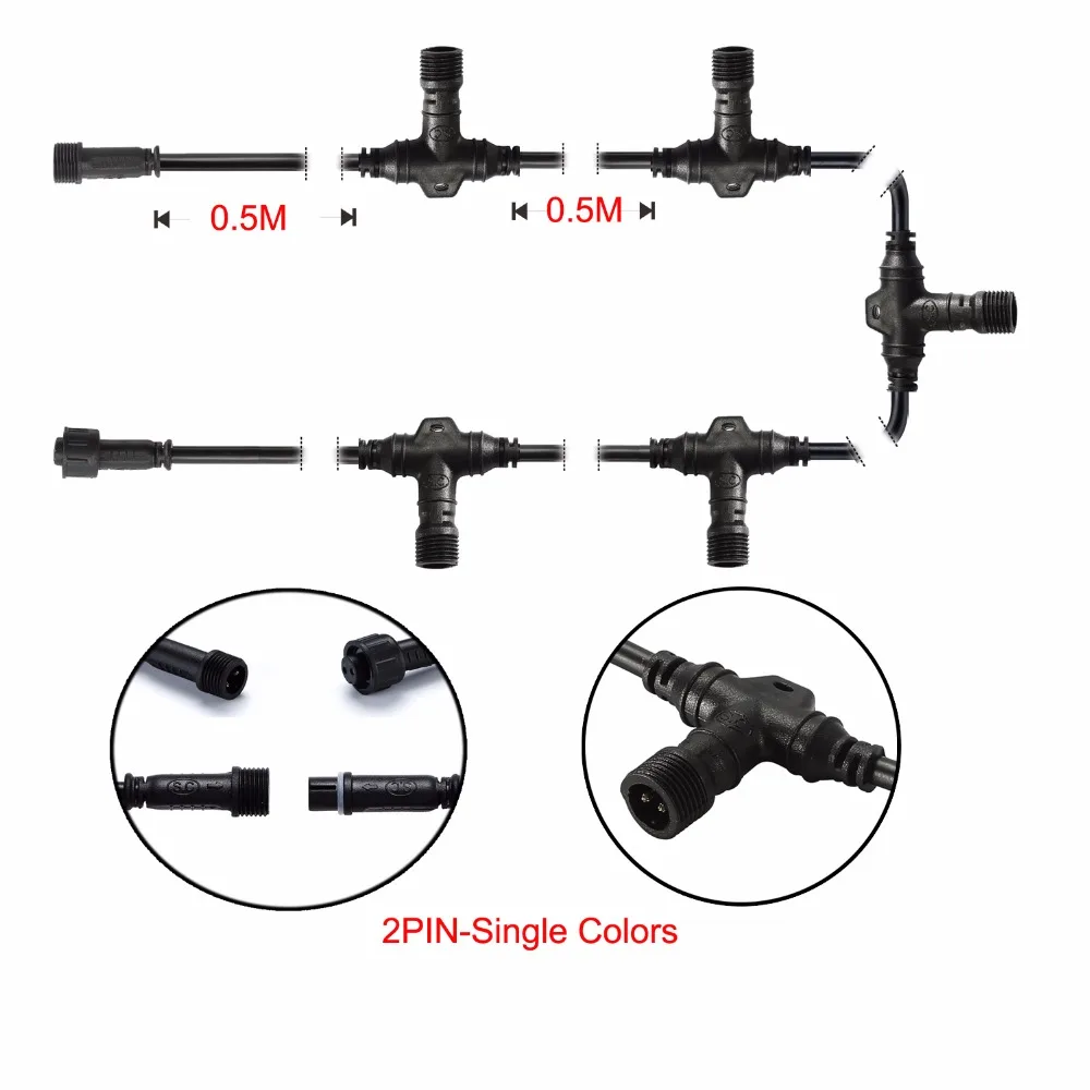 Wodoodporna ocena IP67 UL2464 drut czarny PC 3 M jeden kolor światła 2 PIN/RGB kolor światła 4 PIN T podłącz kabel