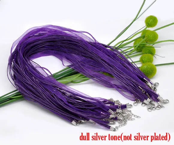 Free Shipping 100pcs Lobster Clasp Dark Purple Organza Ribbon Waxen Cord String Necklaces 17