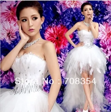 Hot~~Feather Hi-Lo Wedding Dress~~ Front Short and Back Trailing Style Bride Feather Wedding Gown 633